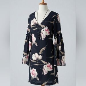 White House Black Market black and pink floral bell-sleeve shift dress